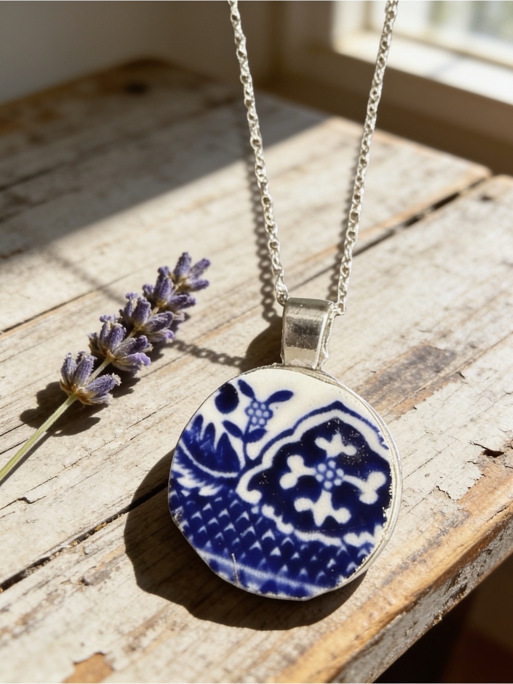 Handmade Blue Willow Broken China 1” Round Pendant 18” Necklace